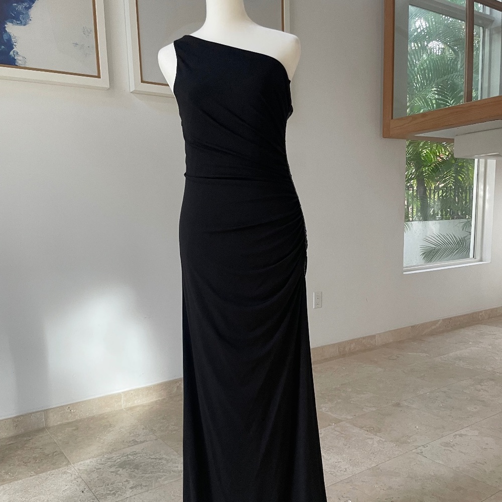 Laundry by Design, asymmetrical, ruffled, beaded, black, elegant dress